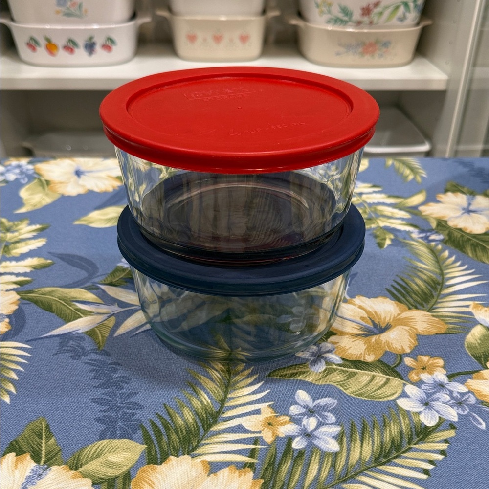 Pyrex 4 cup Glass Containers with Red and Blue Lids